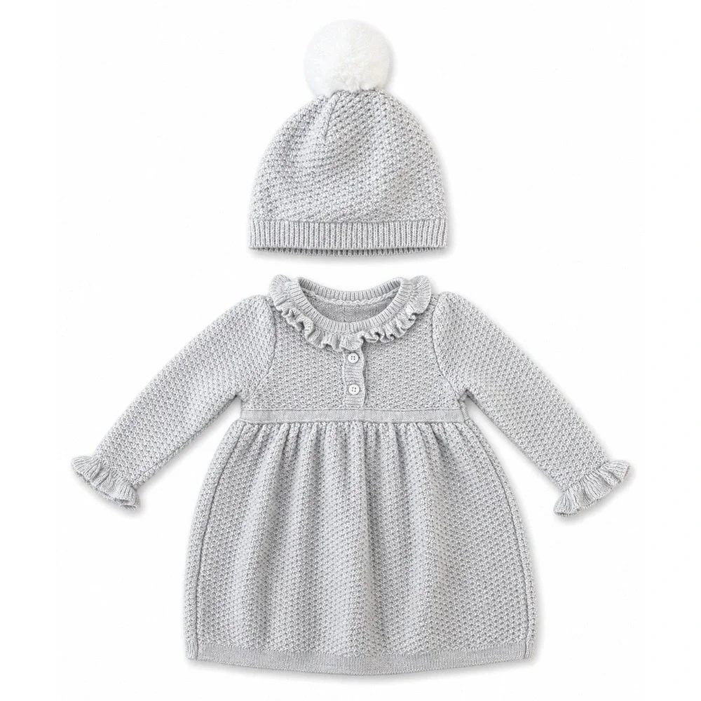 Janie and Jack‎ Long Sleeve Dress with Matching Winter Pom Hat Size O-3 Months